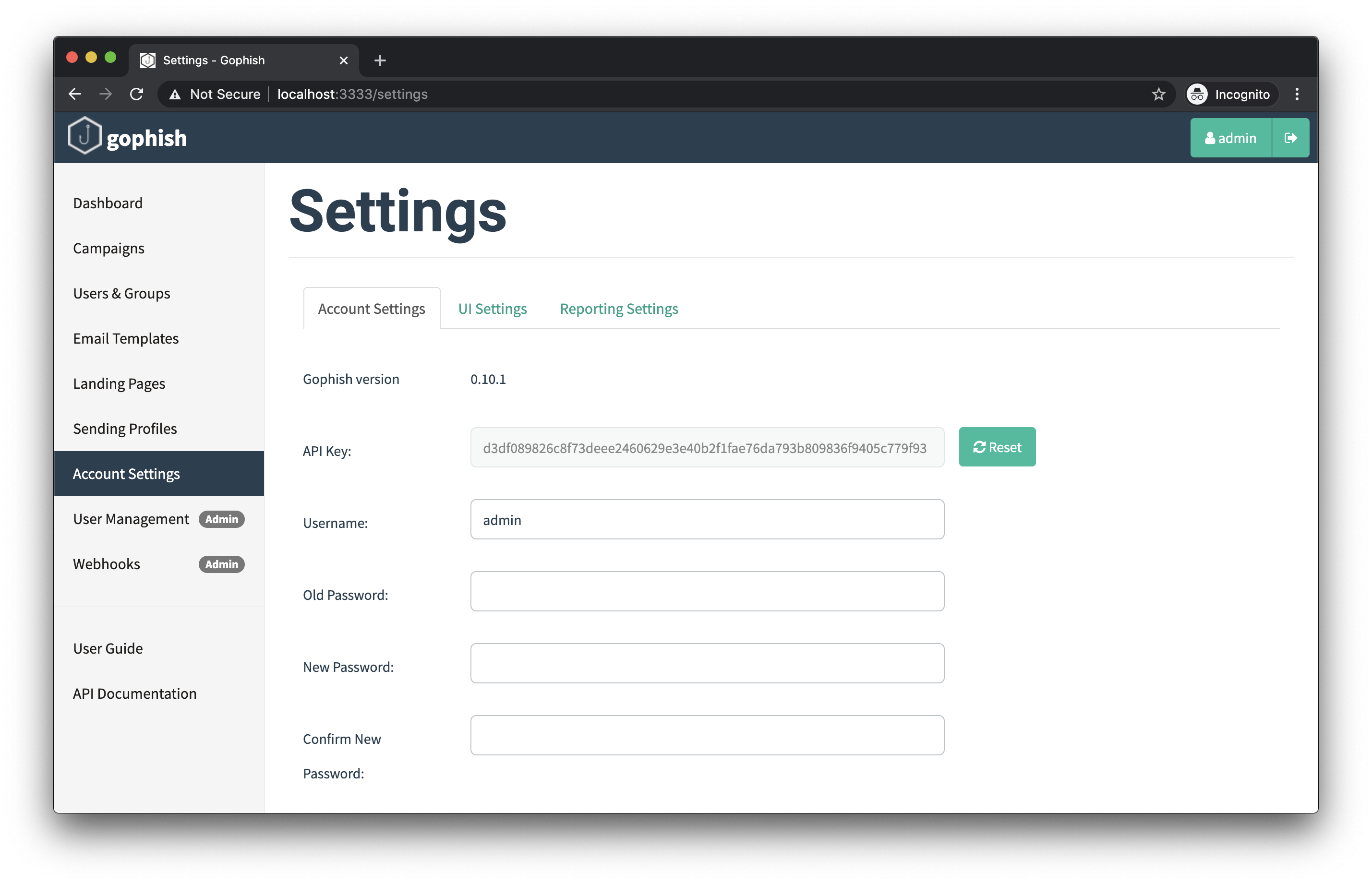 Gophish Settings Page